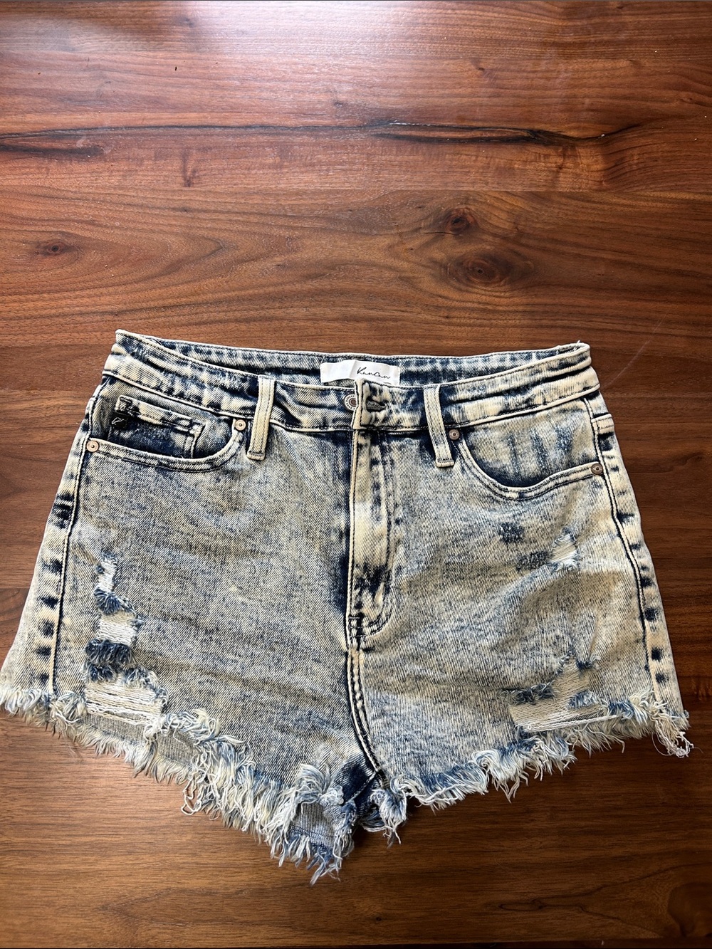 KanCan Acid Wash High-Rise Distressed Denim Shorts - Light Blue